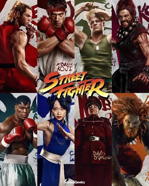 Reparto de Street Fighter: Ryu, Ken, Guile, Blanka, E. Honda, Chun-Li, M. Bison y Dhalsim